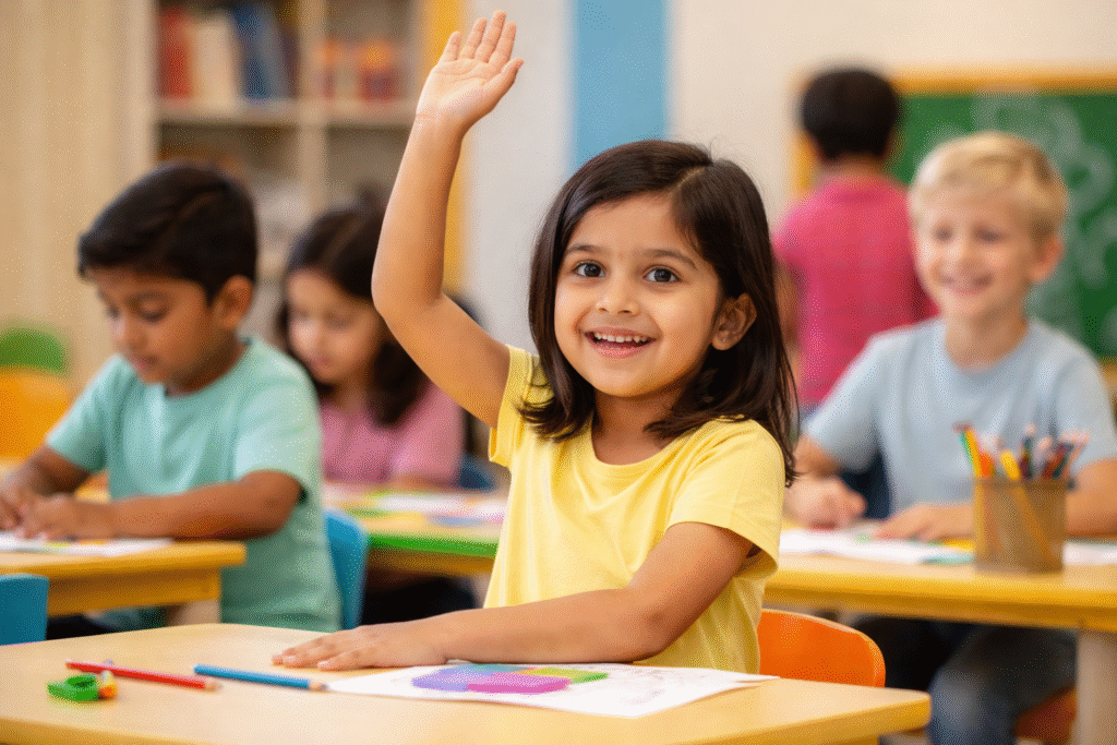 Preschool child building confidence in classroom activity