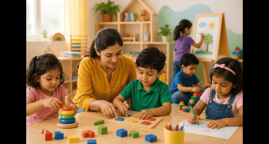 preschoolers learning at different speeds in early education classroom