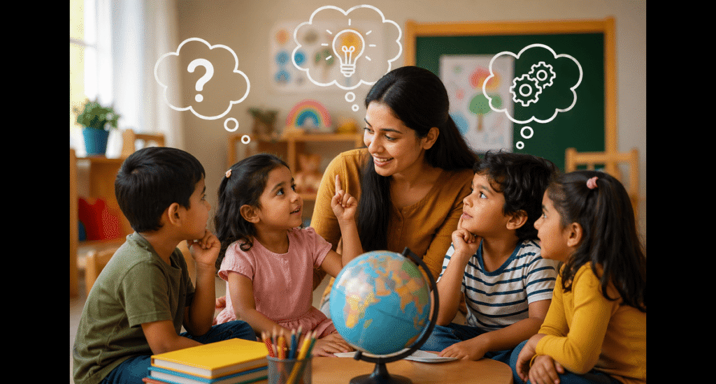 young children asking questions in preschool classroom