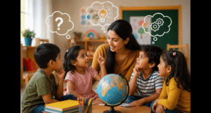 young children asking questions in preschool classroom