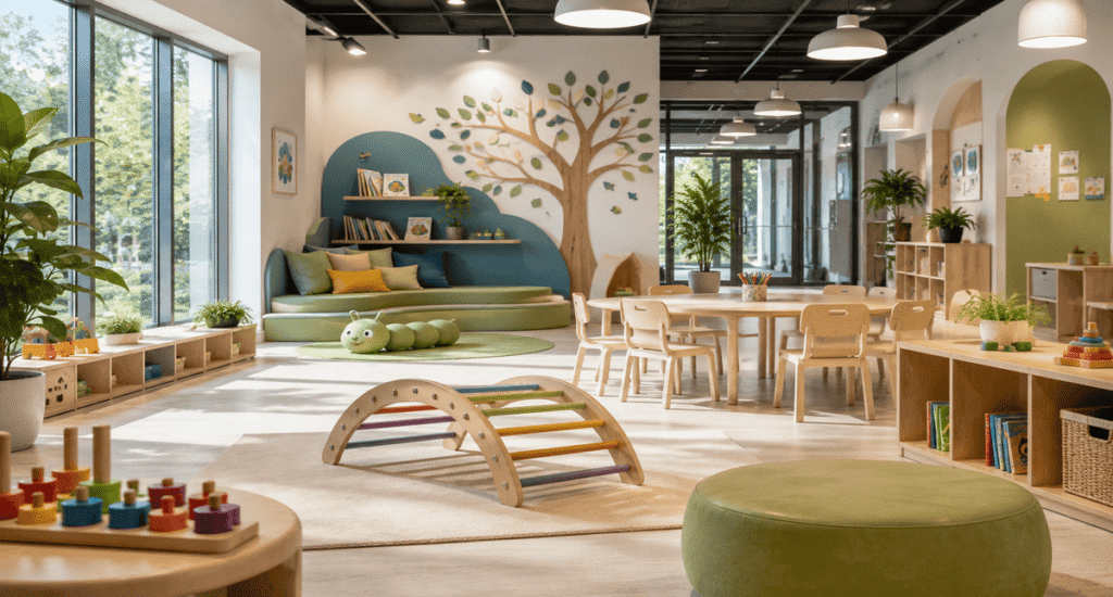 Modern daycare classroom for toddlers and preschoolers with engaging learning spaces.