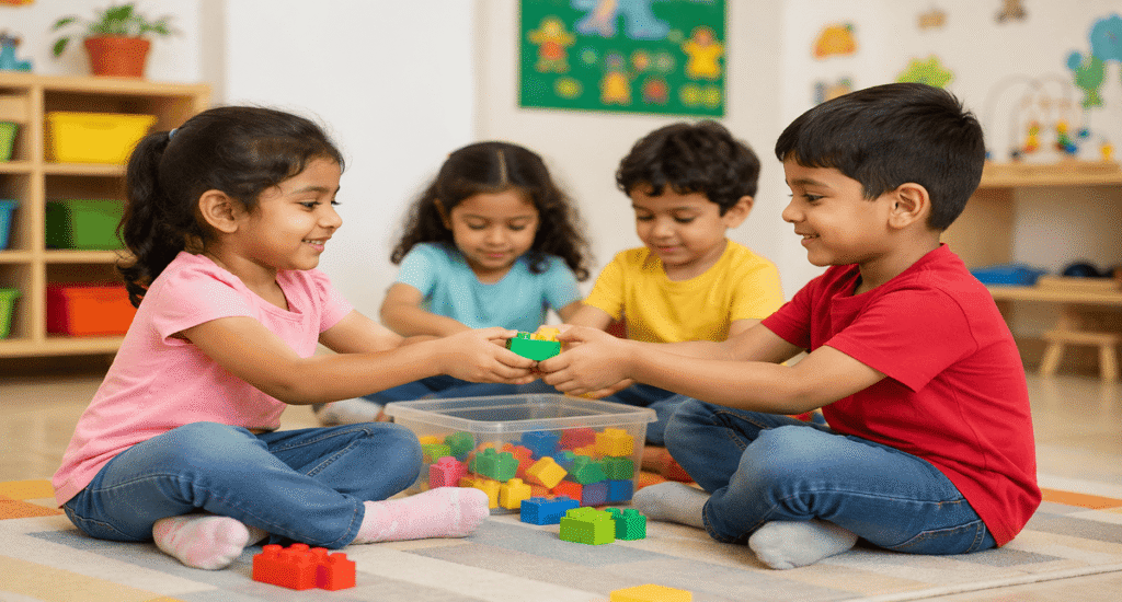 Preschool children learning sharing and cooperation through fun classroom activities