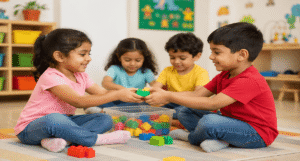 Preschool children learning sharing and cooperation through fun classroom activities