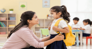 Preschool teacher helping a child adjust to a new school environment