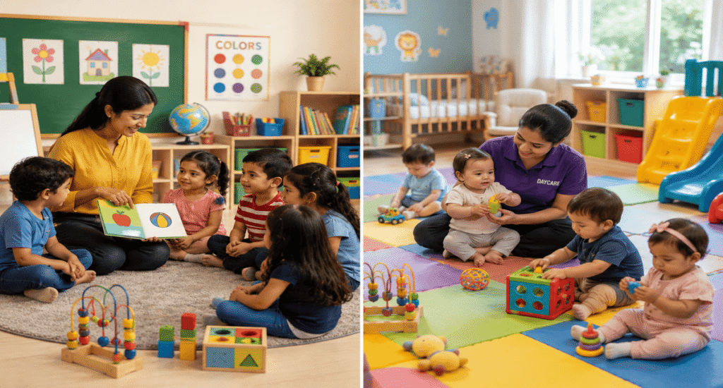 A visual representation of childcare options highlighting preschool vs daycare environments focused on early childhood development.