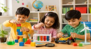 Preschool children engaged in STEM learning activities with blocks, science experiments, and educational toys.