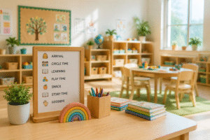 Organized preschool classroom designed to support children's daily learning routines.