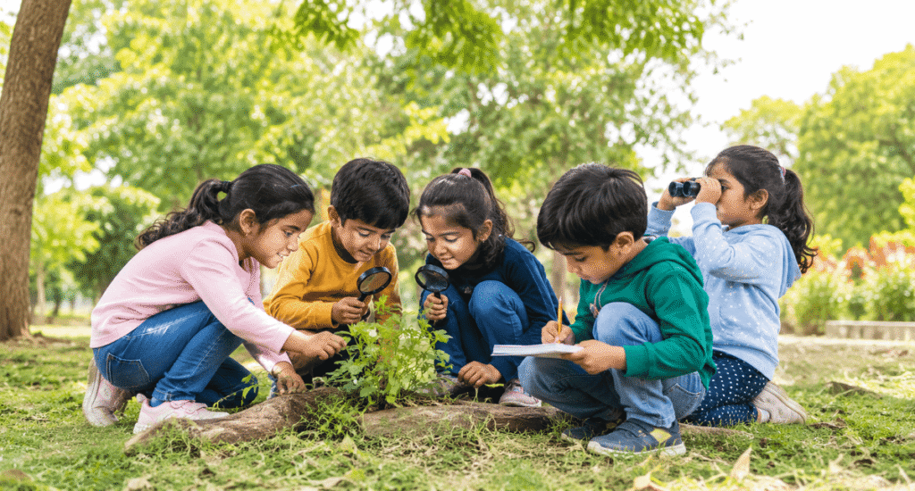 Children enjoying outdoor learning for early childhood development at Akshaya Bala Kuteera preschool.