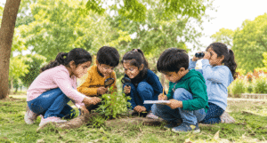 Children enjoying outdoor learning for early childhood development at Akshaya Bala Kuteera preschool.