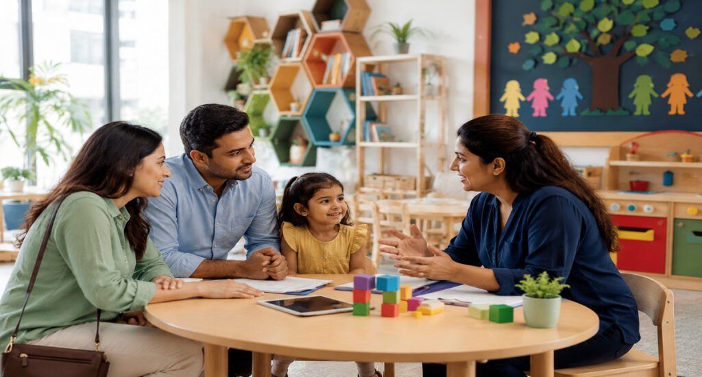 Parents discussing child-centered preschool learning with a teacher