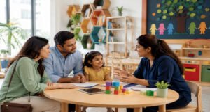Parents discussing child-centered preschool learning with a teacher