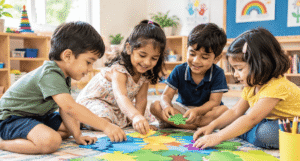 Preschool children working together to complete a puzzle.