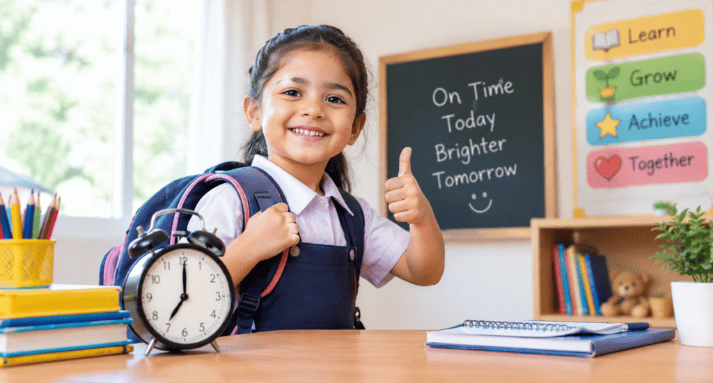 Student with school bag beside an alarm clock, showing punctuality.
